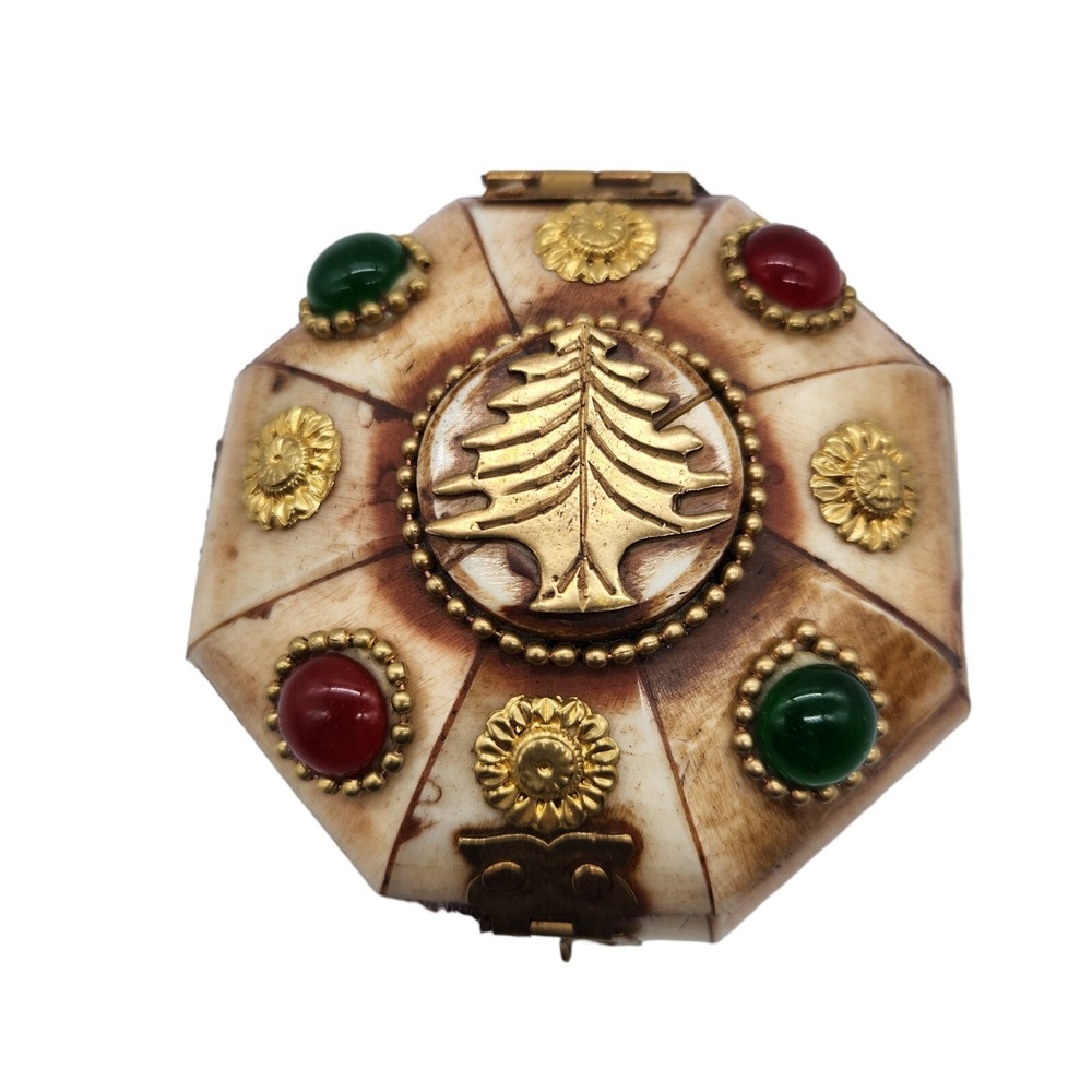 Vintage Tibetan Bone Trinket Jewelry Box with Stones and Gold tone Accent Hinged